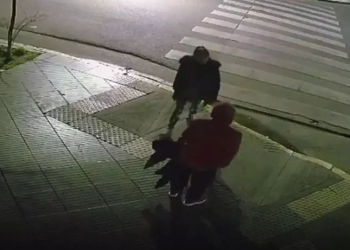 Las cámaras registraron la secuencia completa: el hombre cruza la calle, ella lo sigue y lo ataca. La sospechosa está detenida. ATENCIÓN: IMÁGENES SENSIBLES.